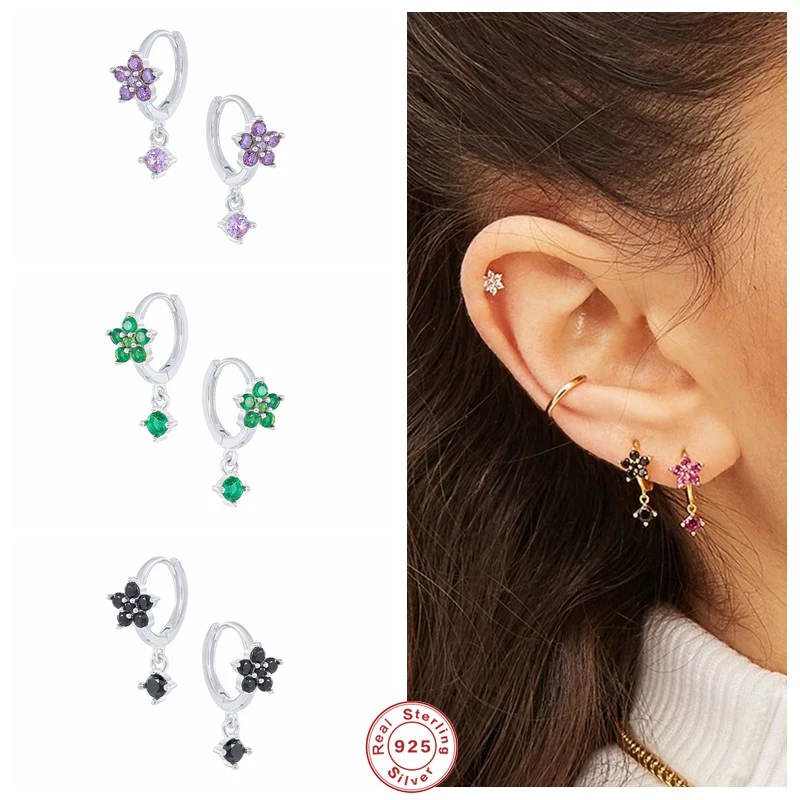 

GS 925 Sterling Silver Colorful Zircon Star Flower Hoop Earrings With Single Crystal Charm For Women Small Circle Jewelry Gift