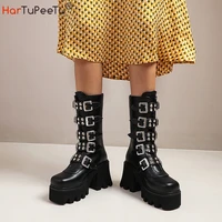 gothic black motorcycle boots women winter 2021 pu leather punk rivets decotate belt buckles cosplay dress platform shoes