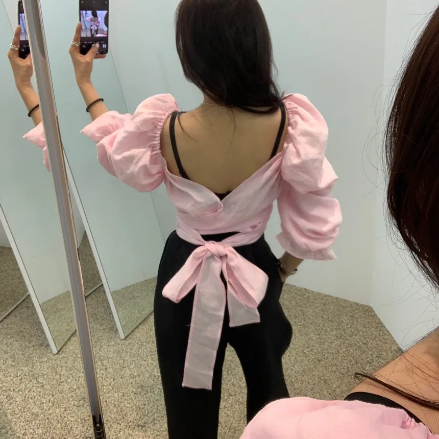 

SuperAen New Design Bow Square Collar Solid Flare Sleeve Backless Casual Solid Womens Tops Shirts