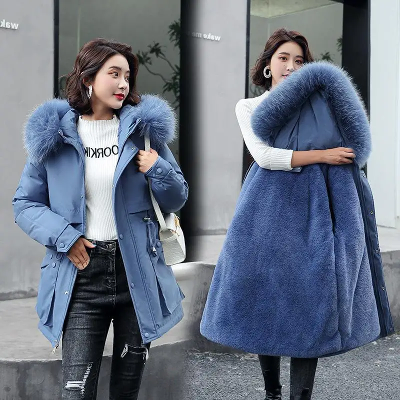 Fur Collar Hooded Women Clothing Snow Wear Long Parkas Winter Jacket Women Pockets Plush Lining Thicken Winter Coat Women Top