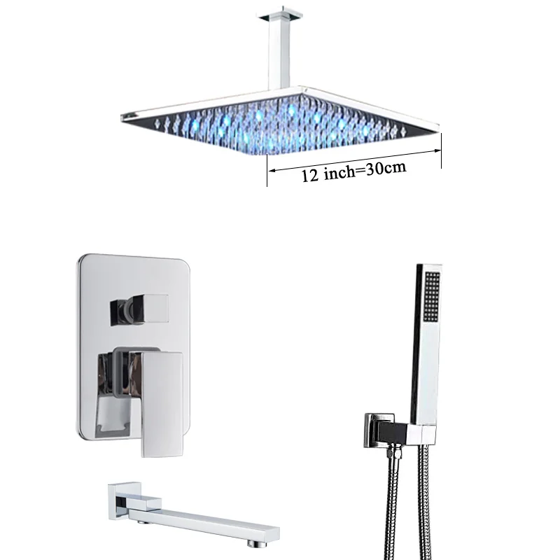 12inch Shower Set A Смеситель для ванной комнаты, Хромированный Светодиодный дождевой кран-смеситель для ванной и душа, потолочный смеситель для ванны и душа, кран для ванной комнаты, смеситель для душа - Цвет: 12inch Shower Set A