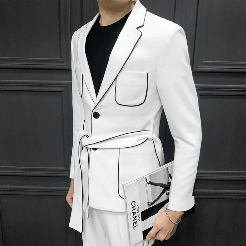 

Spring Suit Long-sleeved Belt Decoration Men's Suit Korean Slim Weave Brings Formal Suit Men's Suit