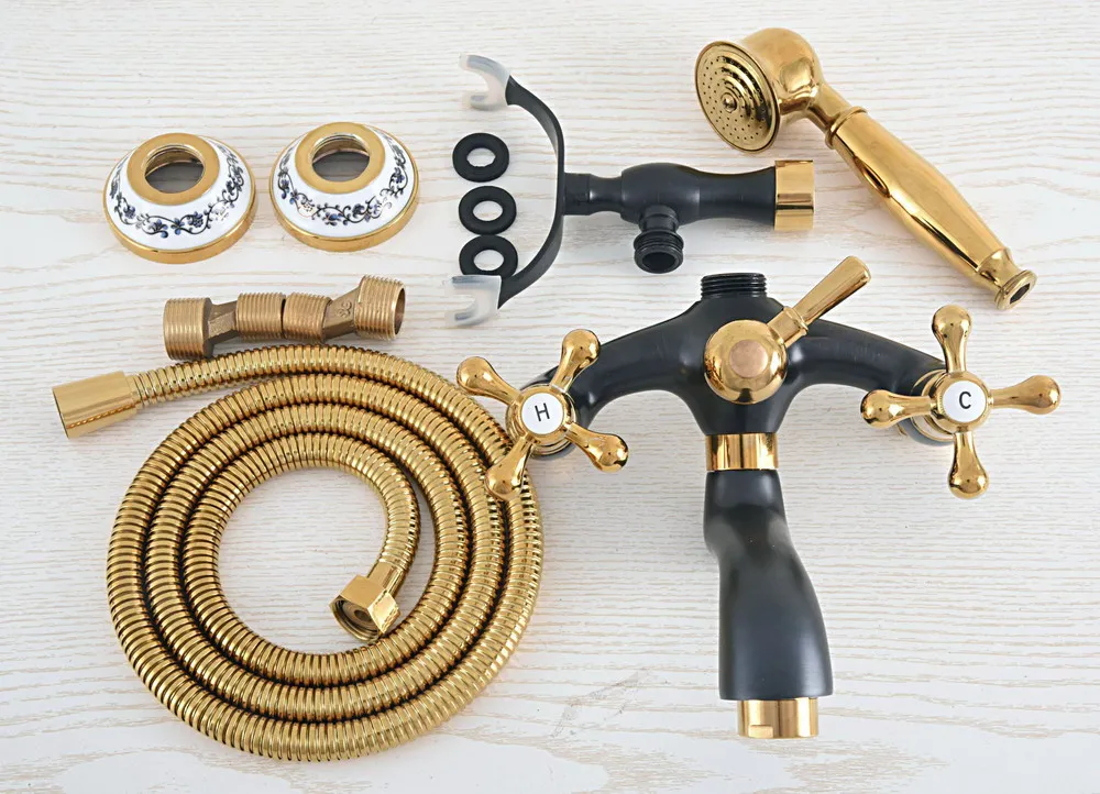 

Black Gold Color Brass Wall Mount Bathroom Tub Faucet Dual Cross Handles Telephone Style Hand Shower Clawfoot Tub Filler ana406