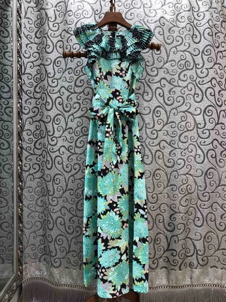 

Dress Sleeveless Long 2021 Spring Summer Party Evening Women Exquisite Prints Pleated Ruffle Patchwork Elegant Long Maxi Dress