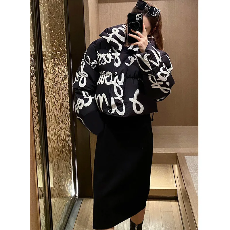 

Atheflow 21 Winter Women Short White Goose Down Down Jacket Letter Floral Print Warm Coat Stand Collar Long Sleevee Thick Coat