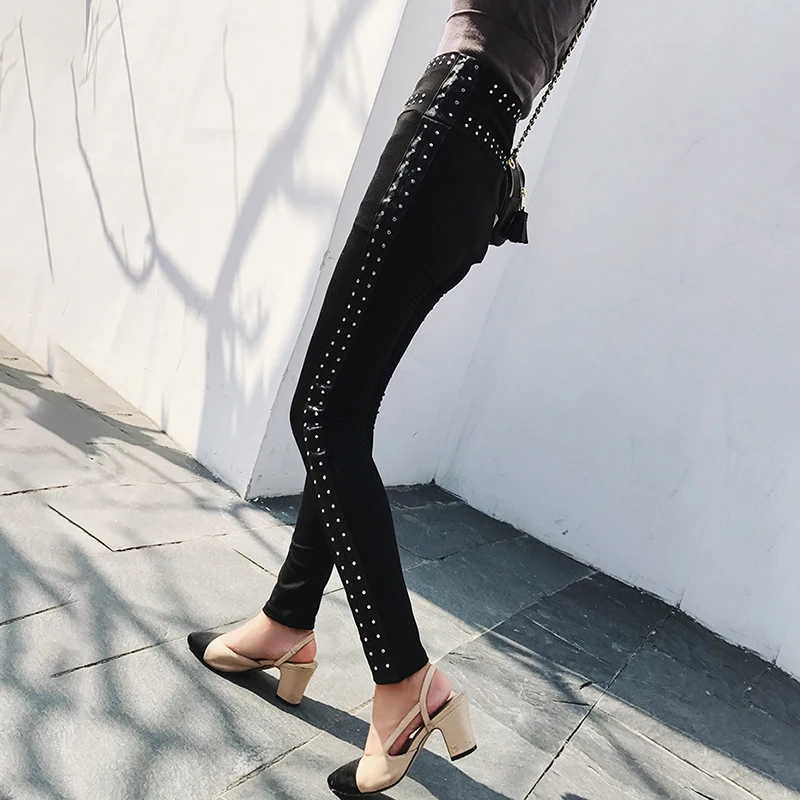 GALCAUR/женские штаны с заклепками в стиле пэчворк высокая талия длинные тонкие