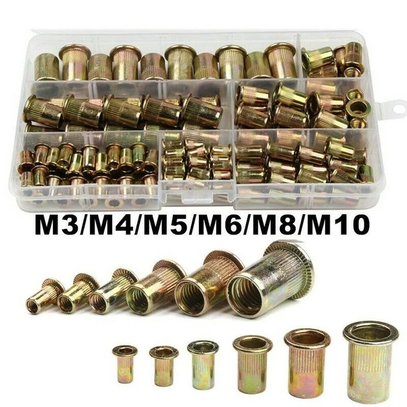 

150pcs Box Carbon Steel Rivet Nuts Carbon Steel M3 M4 M5 M6 M8 M10 Flat Head Rivet Nuts Set Hardware Parts