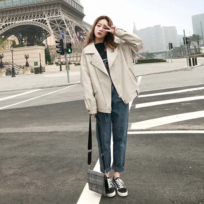 Pu Leather Jacket Women Fashion Bright Colors New Style Fried Street Beige Motorcycle Coat Short Faux Leather Biker Soft Female