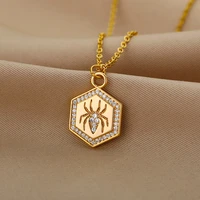 zircon hexagon spider pendant necklaces for women stainless steel color chain spider choker charm necklace jewelry