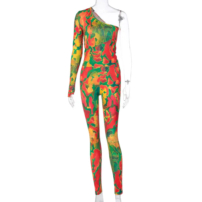 

Cutubly Women Tracksuit Outfits Printed Sexy Two Piece Set Women Summer Fashion One Shoulder Top and Casual Long Pants Set Suit