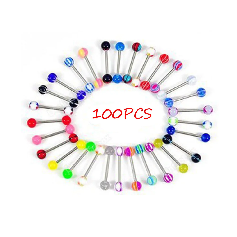 100Pcs 30/50/60/100 шт новые партии Размеры мяч язык пупок штанги с ниппелями королевская подвеска ювелирное изделие для тела, смешанные Цвет пирсинг хороший подарок - Окраска металла: 100Pcs