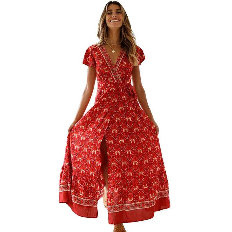

Summer Boho Bohemian Floral Maxi Long Dress Office Ladies Women 2021 Sexy Bodycon Beach Short Sleeve Elegant Clothing