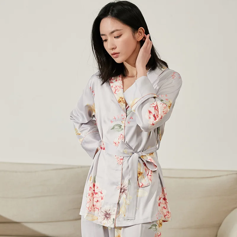 

Spring Autumn New Women Nightwear Sleep Set Intimate Lingerie 2PCS Pajamas Suit Print Flower Satin Casual Pyjamas Homewear