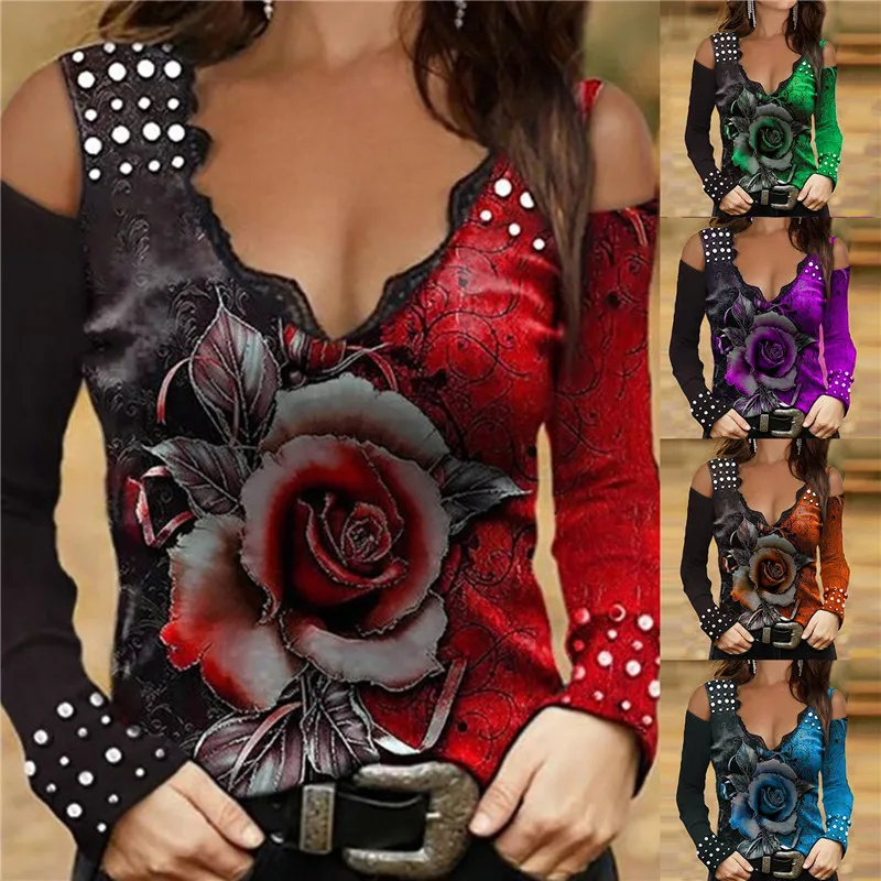 

2022 Women Sexy V Neck Cold Shoulder Shirts Tops Rose Print Y2K Women's Long-Sleeved T-Shirt Fashion Casual Loose Clothing