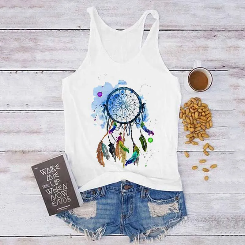 Sexy Tops Summer Harajuku Sleeveless Camisole Tank Vest Feathers Dream Catcher Print Casual Loose Women Female T-Shirt 90s | Женская