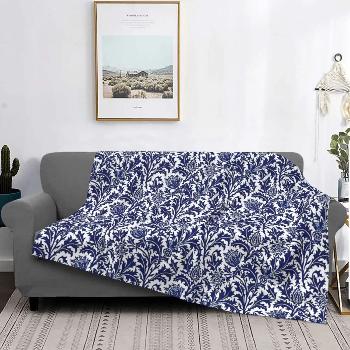 

Узорчатое кобальтовое одеяло Вильям Морриса, покрывало на кровать, клетчатое покрывало, пушистое летнее покрывало в клетку, покрывало на кр...