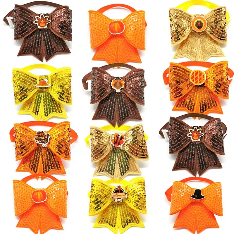50pcs Thanksgiving Dog Bowties Hair Bows Accessories Pumpkin Turkey Fall Style Pet Bow Ties Dog Grooming  Holiday Accessories images - 6
