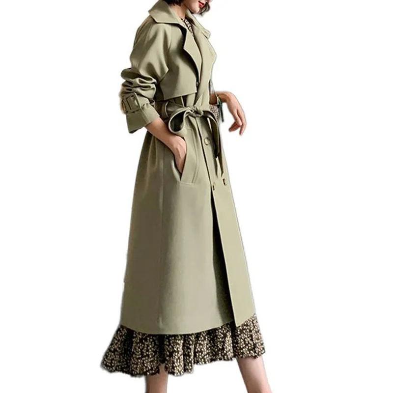 

Te019 Oversized Trench Coat Womens Casual Solid Lapel Double-breasted Pockets Medium Length Windbreaker Jacket