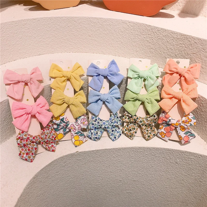 

3 Pcs Korean Fashion Children's Duckbill Clip Sweet Girl Simple Small Fresh Plaid Floral Fabric Bow Hairpin Hair Accessories