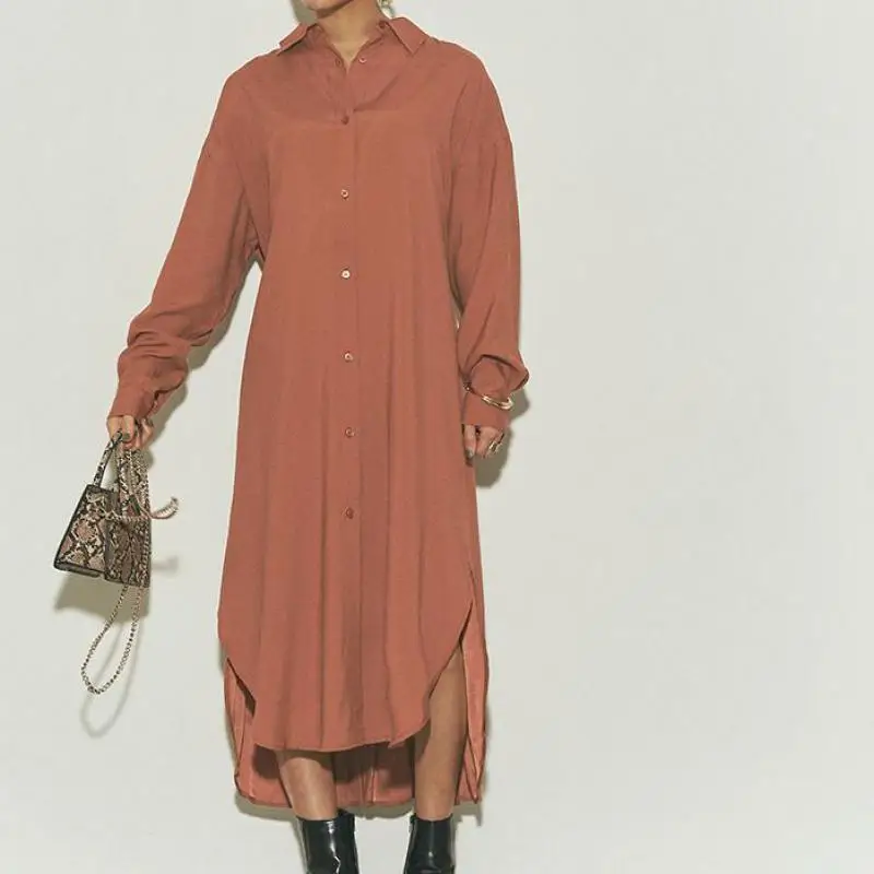 

Новинка Осень-зима 2022, простое однотонное свободное приталенное Повседневное платье-рубашка, универсальное характерное женское платье, бе...