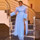 Платье женское ТРАПЕЦИЕВИДНОЕ с разрезом сбоку, вечернее кружевное платье небесно-голубого цвета с аппликацией, длинными рукавами и оборками, для выпускного вечера