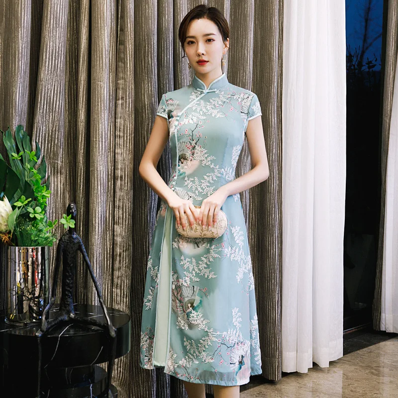 

Spring/Summer 2020 Improved Ao Dai Front Slit Cheongsam Daily Retro Slim A-Line Silk Dress Freshing Long Classic Modern Qipao