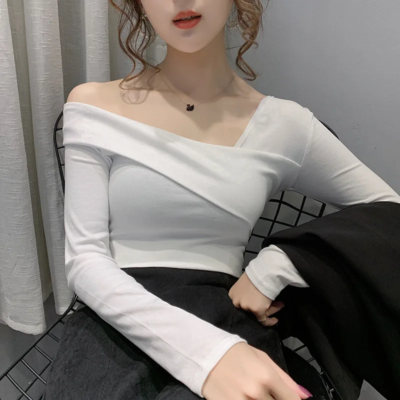 

Shoulder Tops Women INS Hong Kong Style Sexy Sloping Shoulder T-shirt off-the-Shoulder Cardiac Base Shirt Autumn and Winter Slim