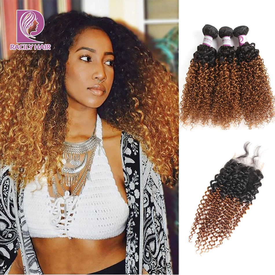 Racily Hair 1B/30 перуанские кудрявые волосы человеческие волосы пряди с закрытием коричневые Омбре пряди с кружевом Remy