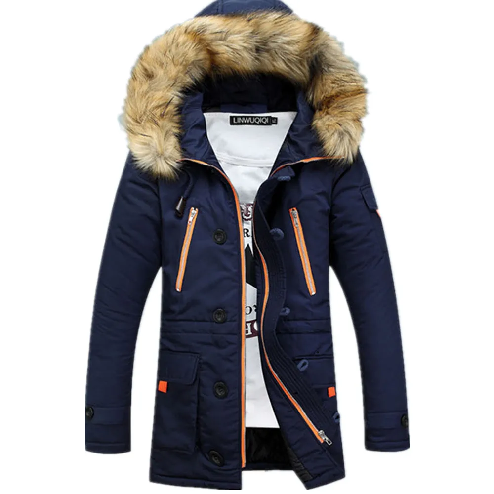 Новые зимние мужские Длинные парки с толстым капюшоном и меховым воротником