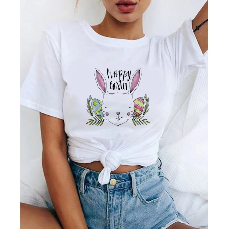 

Short Sleeve Tops Tee Cartoon Rabbits Tshirt Women Summer Casual O-neck Tee Shirts Female Graphic T-shirts White Tees Tops