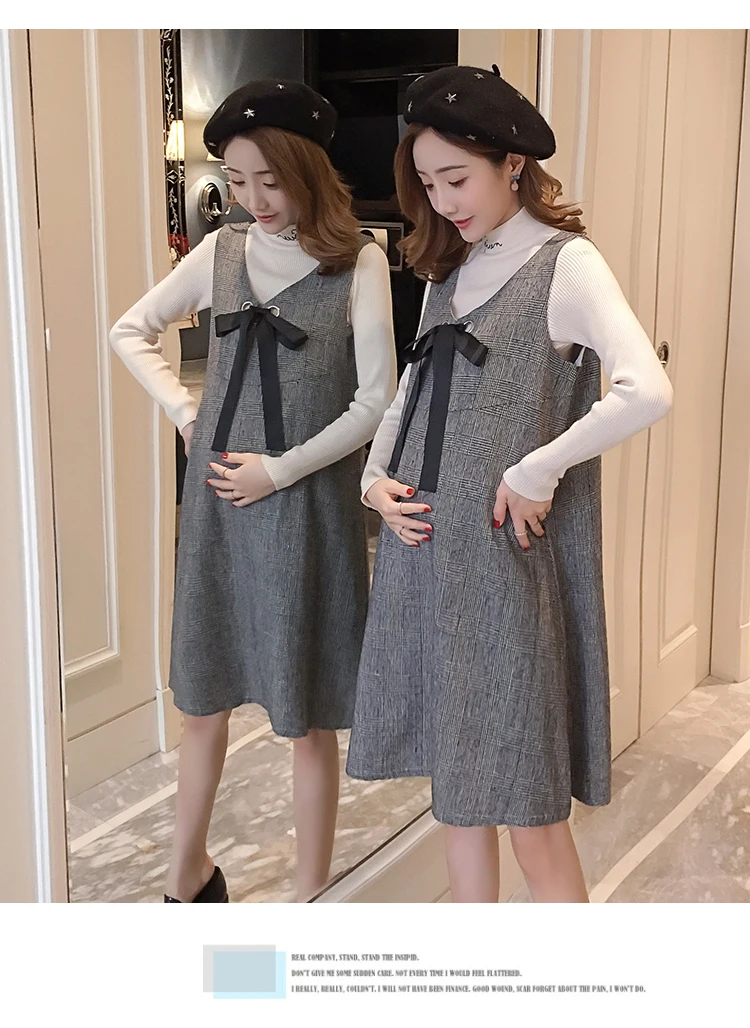6596# 2PCS/Set Autumn Korean Fashion Maternity Dress Sweet Lovely Straight Loose Clothes for Pregnant Women Fall Pregnancy