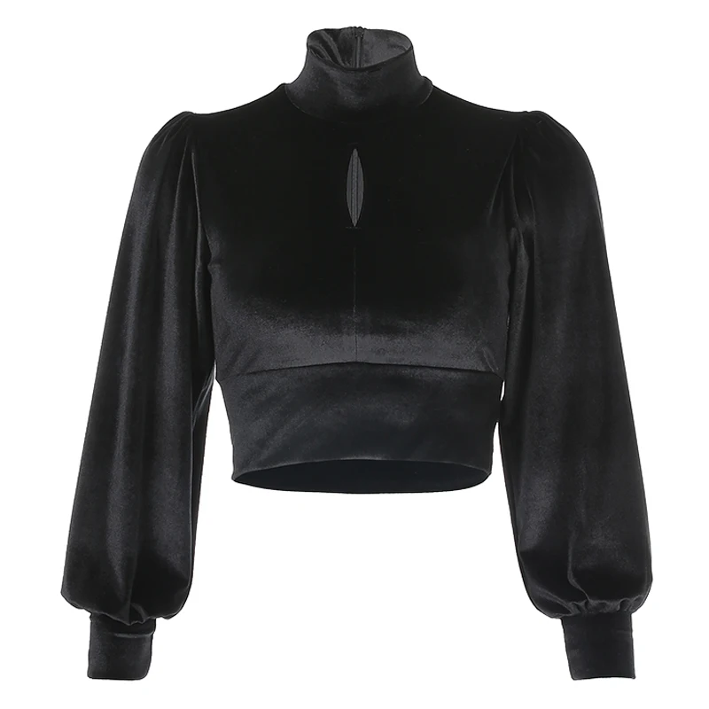 Женская бархатная Винтажная футболка черная Элегантная укороченная с длинным