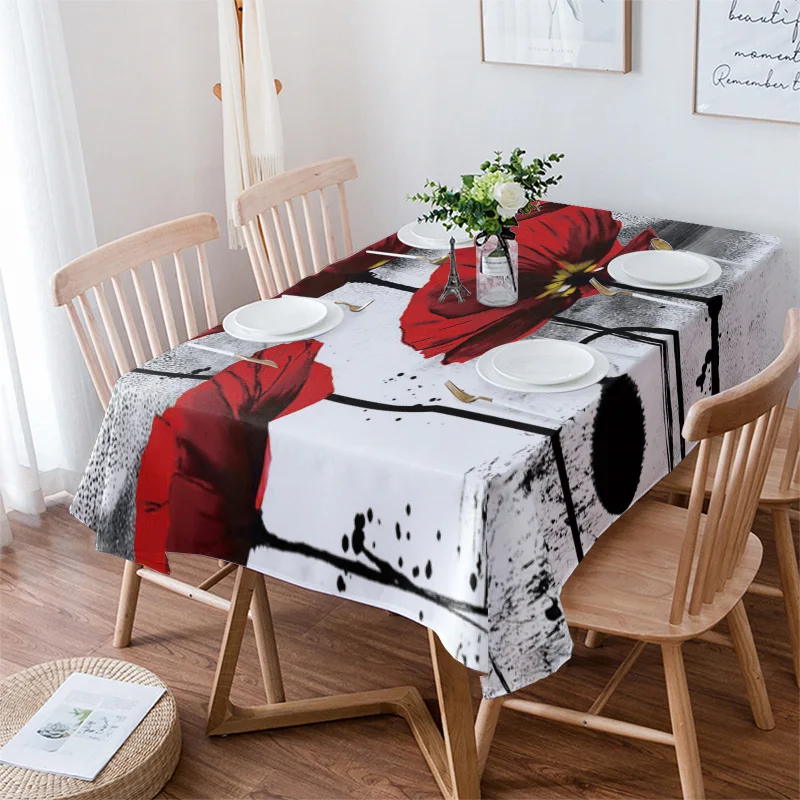

Ink Painting Poppy Red Flower Table Cloth Waterproof Dining Tablecloth Kitchen Decorative Coffee Cuisine Party Table Cover