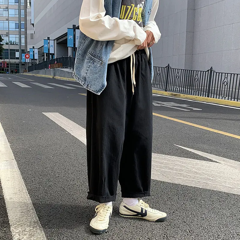 

Spring Cotton Wide-leg Pants Men's Fashion Drawstring Casual Pants Men Streetwear Korean Hip-hop Straight Pants Mens Trousers