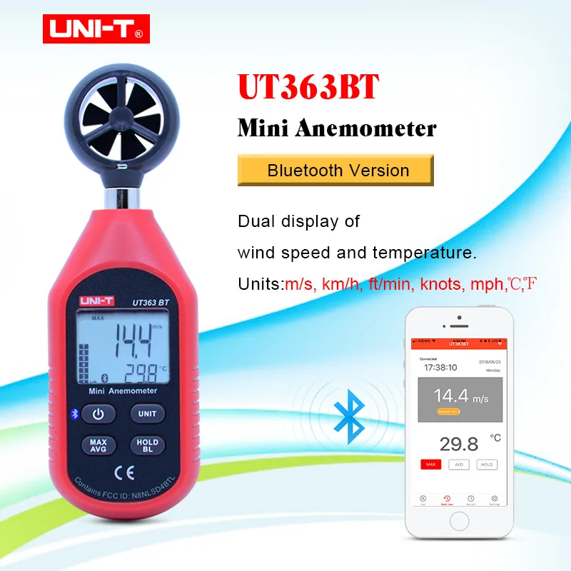 Фото Цифровой Bluetooth измеритель скорости ветра UNI T UT363BT Карманный анемометр измерение
