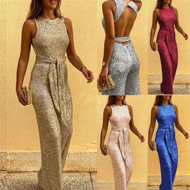 

Lugentolo Sequins Jumpsuit Women Round Neck Sleeveless Sexy Streetwear Jump Suit Backless Belt Wide Leg Pants