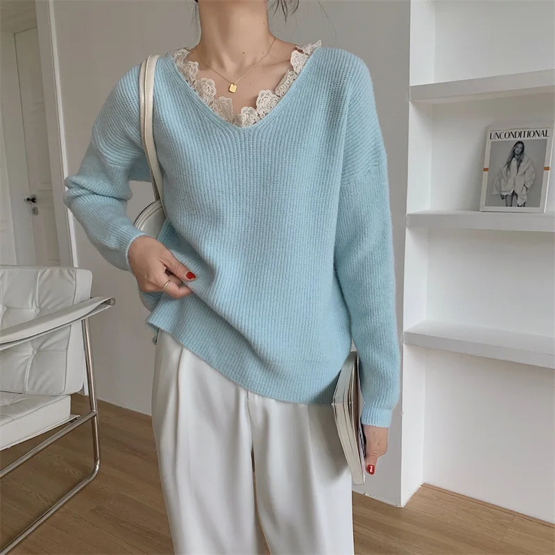 

5 Colors Women Sweater Lace V-neck Design Loose 2021 Autumn Winter Fashion Gentle Knitwear Warm Soft All-match Female Pullover