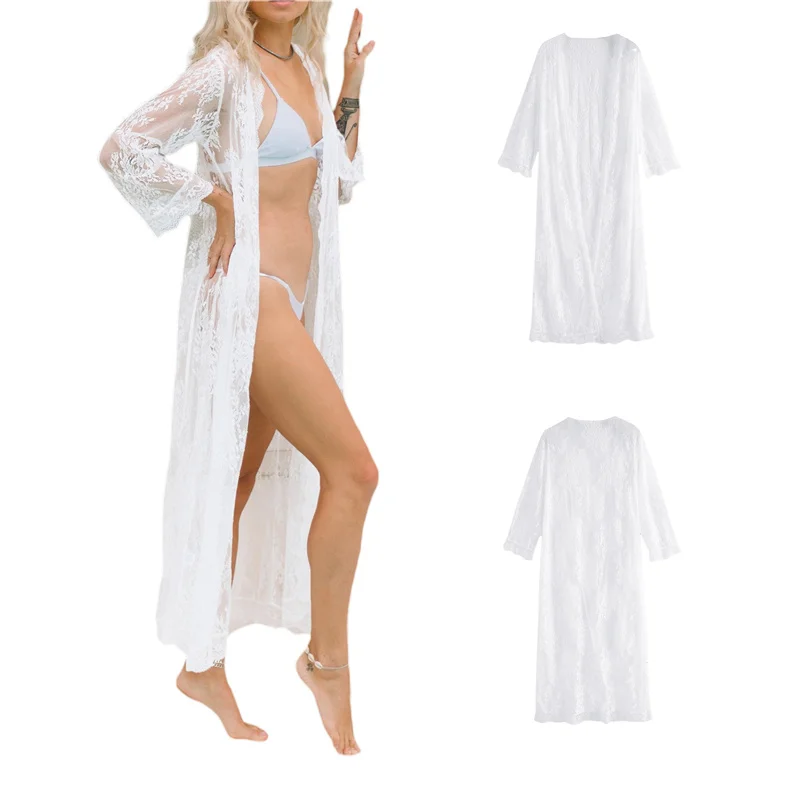 

Женская Пляжная накидка, прозрачный однотонный солнцезащитный кружевной кардиган с длинным рукавом, накидки для бикини, S/M/L/XL/2XL/3XL
