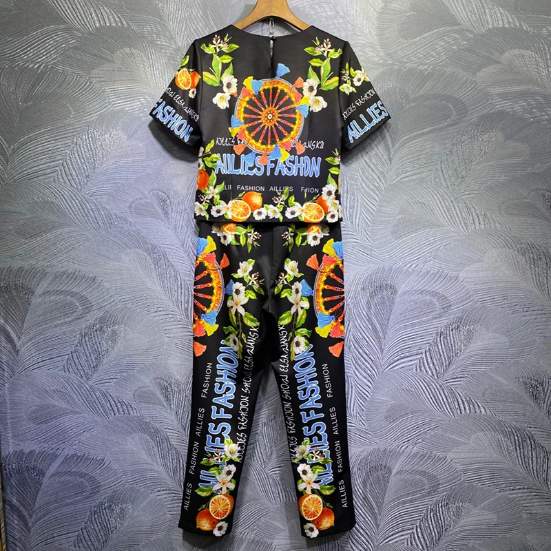 

Seifrmann Women Fashion Summer Designer 2 Pieces Set Floral Print Crystal Short Tees+Letter Long Pants Two Pieces Suits 2021