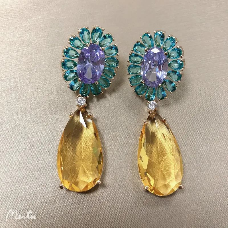 

Bilincolor Fashion Purple and Yellow Cubic Zirconia Drop Earring for Women Wedding Jewelry