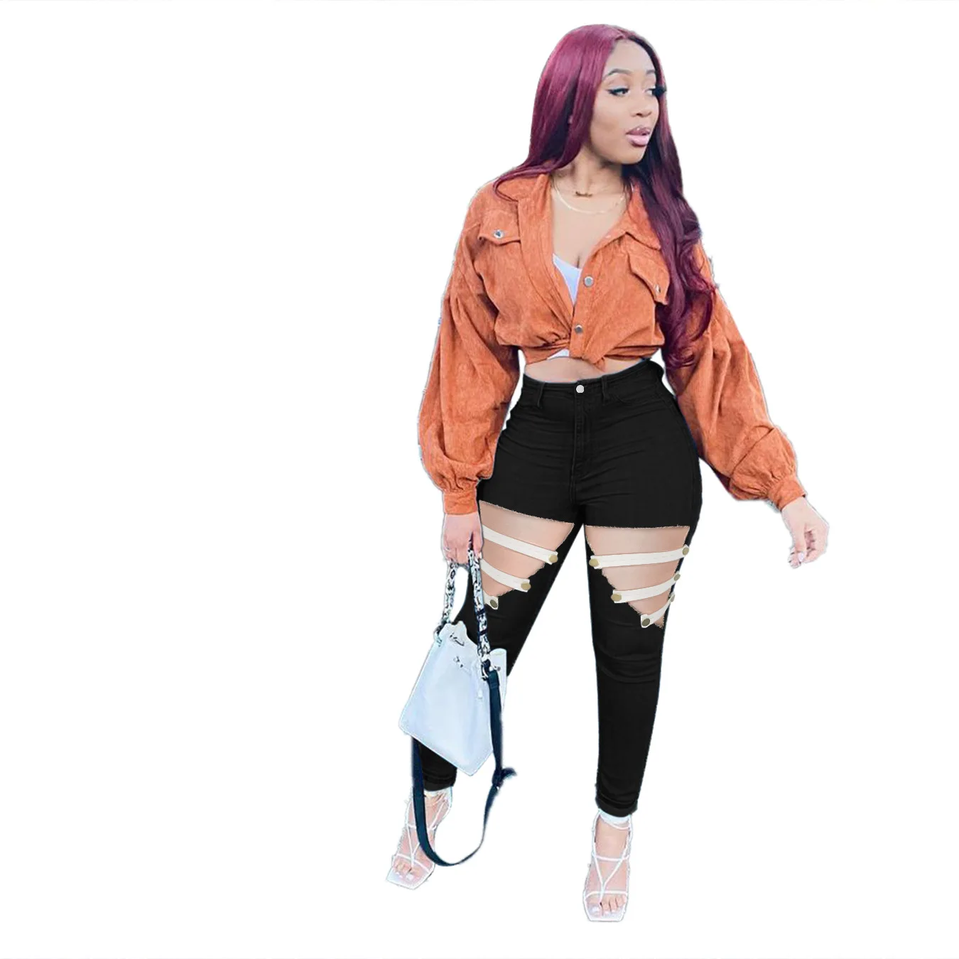 

2021 women's lace-up button slim-fit jeans womens jeans