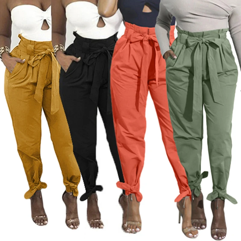 

High Waist Harem Pants Bow Tie Ruffle Women AutumTrousers Belted Casual Pants Bottom Female Trousers Streetwear Femme Pantalon