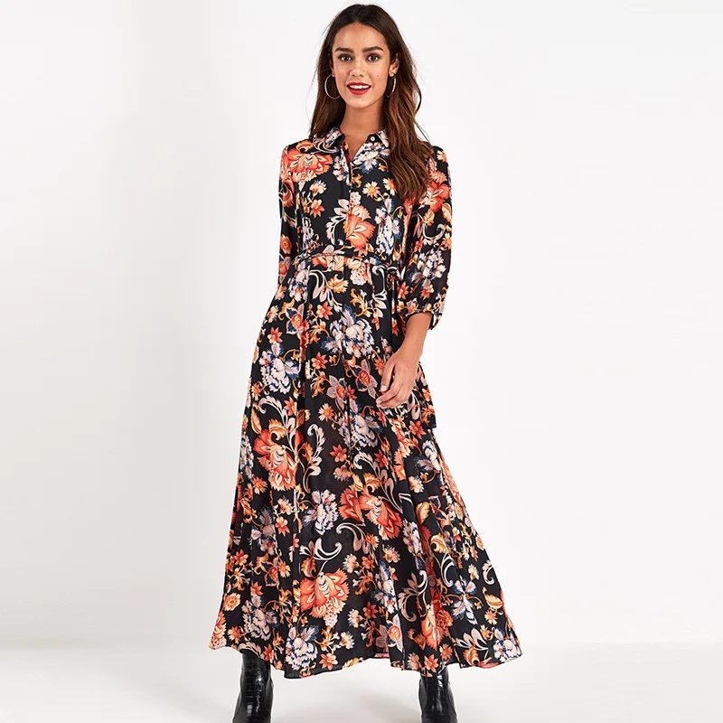 

2021 New Elegant V Neck Wrist Sleeve Buttons Autumn Women Vintage Printed Long Dress A-Line Ankle-Length Casual Dresses Vestido