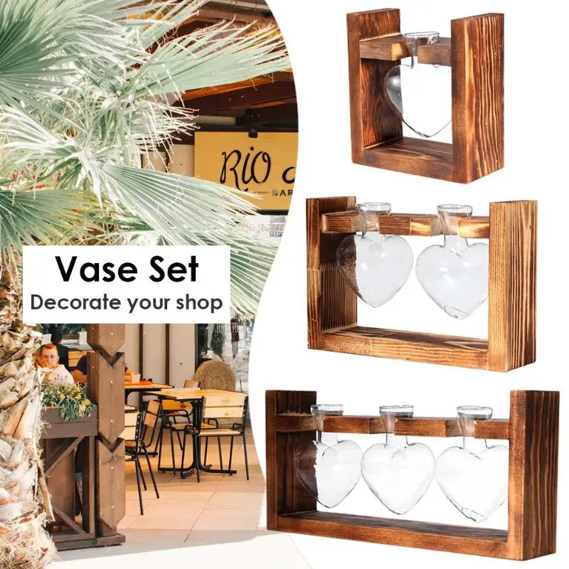 Новая деревянная рамка стеклянная ваза в форме сердца гидропонная для цветов