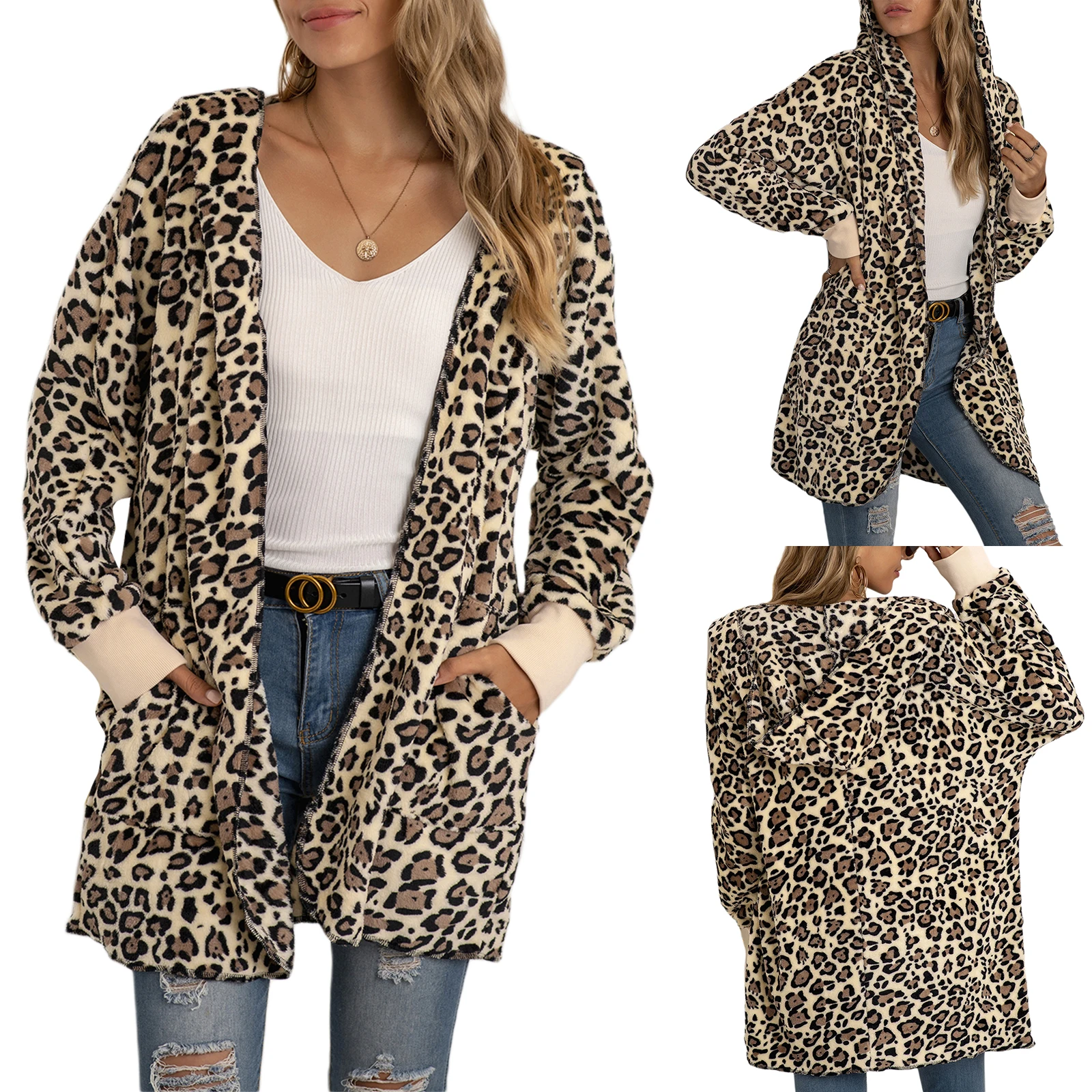 

Women\u2019s Casual Long Sleeve Hooded Cardigan Fashion Leopard Open Front Coat with Pocket