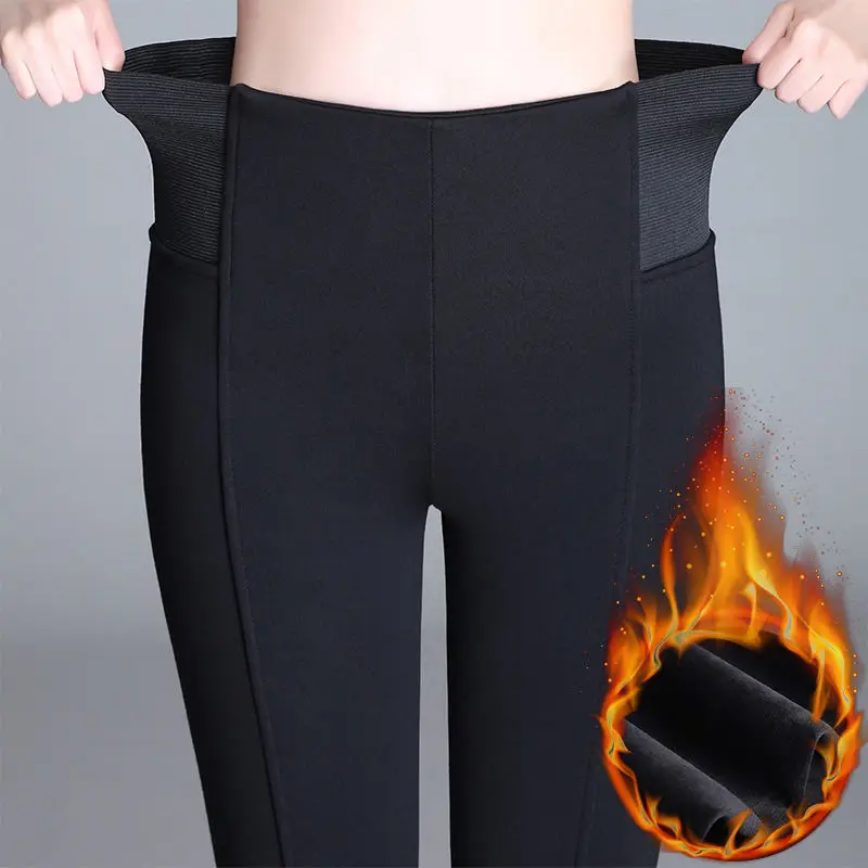 

elastic black trousers with high waist skinny fit leggings thick velvet warm high waisted winter pants women fleece pants mom