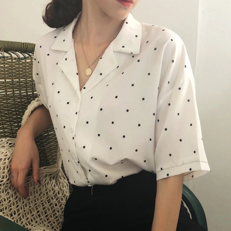 

Women Blouse Polka Dot Shirt Summer Short Sleeve V Neck Casual Elegant Print Tops Female Clothing White Shirts 2020 #366