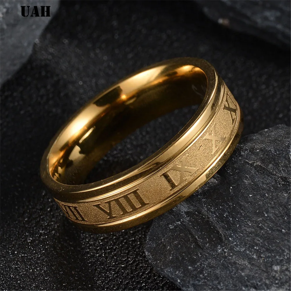 Обручальное кольцо из нержавеющей стали 316L 6 мм с римскими цифрами золотые и