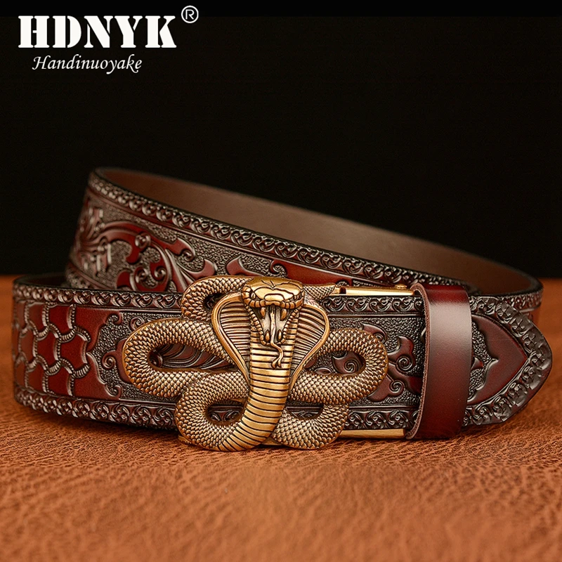 New Arrivel Snake Shaped Automatic Buckle Genuine Cowskin Leather Belt for Men Retro Tang Grass Pattern Strap Make Waistand Gift