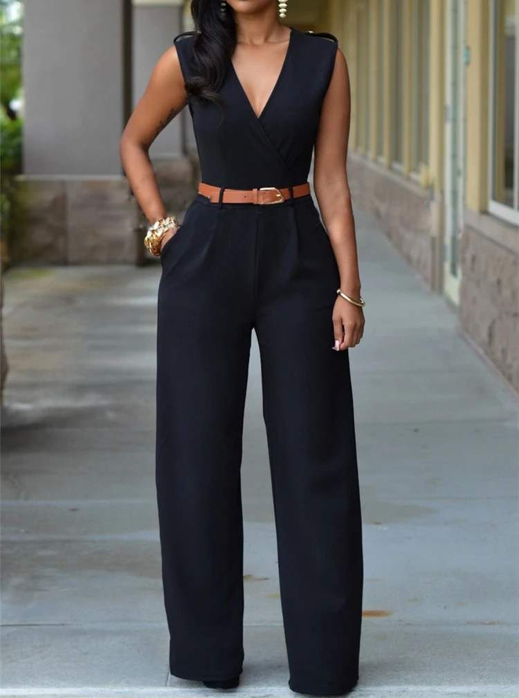 

Women Jumpsuit Lady Sleeveless Romper Bodysuit Bodycon High-waist V-neck Wide-leg Pants Irregular Suit With Belt Playsuit
